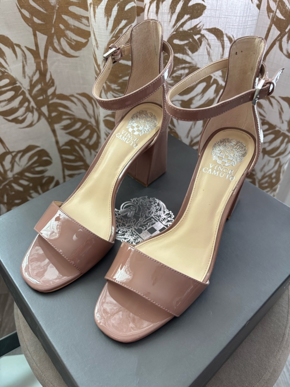 Vince Camuto Mauve Patent Block Heel Ankle Strap Sandal, size 8.5.